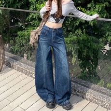 批发美式复古高街阔腿<b class='q'>牛仔裤</b>女高腰设计感直筒宽松拖地弯刀裤