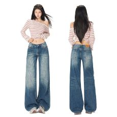 美式经典套染水洗蓝复古蓝低腰宽松直筒牛仔裤拖地裤长裤