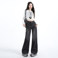 批发黑色秋冬中腰美式复古猫须明线显瘦<b class='q'>直筒</b>微喇<b class='q'>牛仔裤</b>长裤