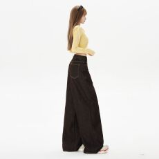 批发咖啡色牛仔<b class='q'>新款</b>高腰美式复古时尚宽松大阔腿拖地<b class='q'>裤</b>