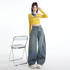 批发美式做旧星星布贴设计经典宽松显瘦阔腿直筒潮流牛仔裤