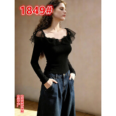 批发气质<b class='q'>女</b>神黑色<b class='q'>长袖</b><b class='q'>T</b><b class='q'>恤</b><b class='q'>女</b>荷叶边一字肩蕾丝拼接高级感洋气减龄上衣