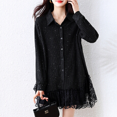 批发实拍2025秋冬大码衬衣胖MM设计感下摆蕾丝针织开衫显瘦百搭上衣女
