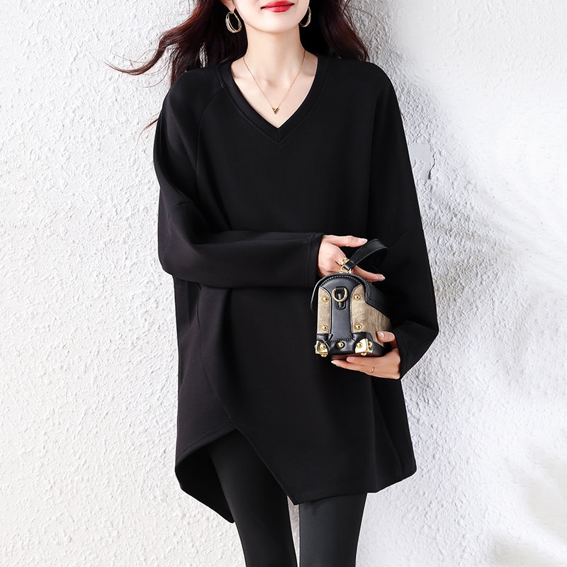 다용도 V넥 가을 겨울 루즈핏 불규칙 트임 긴팔 인사이드 가져 가라. 만나는 티셔츠 여성