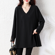 批发<b class='q'>衬衫</b>袖V领高级质感大领口开叉宽松显瘦垂感长袖T恤女