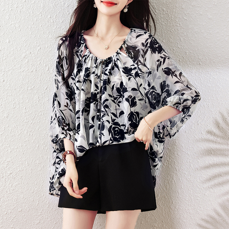 RY1862# 实拍胖妹妹2026夏季新款印花雪纺衫欧货宽松时尚百搭上衣