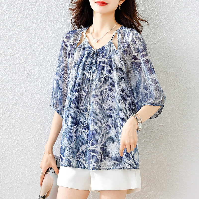 RY1861# 实拍胖MM系带印花小衫女2026夏季新款时尚百搭宽松大码短袖上衣