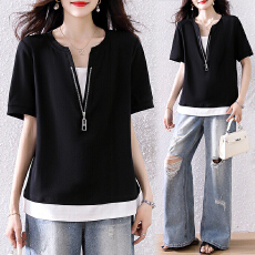 批发假两件短袖<b class='q'>t</b><b class='q'>恤</b>女2026夏季新款气质拉链撞色叠穿大码显瘦半袖上衣