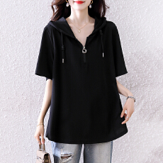 批发休闲连帽黑色短袖<b class='q'>T</b><b class='q'>恤</b>女2026年春夏新款宽松小衫欧货大码上衣