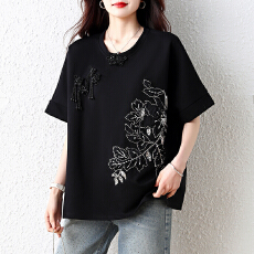 批发实拍蝙蝠袖钉珠盘扣<b class='q'>T</b><b class='q'>恤</b>2026休闲百搭宽松大码女装