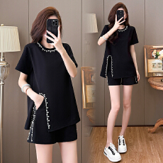 批发实拍大码女装2026春新款小香风套装胖MM<b class='q'>夏</b>时尚显瘦减龄V领两件套