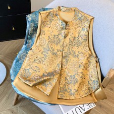 批发新中式国风优雅舒适印花提花<b class='q'>真丝</b>马甲中式珠扣坎肩<b class='q'>背心</b>马夹女
