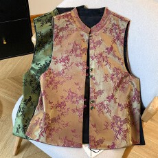 批发新中式国风优雅舒适印花提花<b class='q'>真丝</b>双面穿马甲珠扣坎肩<b class='q'>背心</b>马夹女