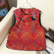 批发新中式圆领织花斜襟盘扣宽松马甲女2026春新款红色马甲女