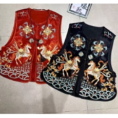 批发正品新中式国风复古马上有钱刺绣花背心丝缎提花圆领盘扣绣花马夹