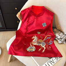 批发新中式国风复古马上有钱刺绣花背心丝缎提花圆领盘扣绣花马夹