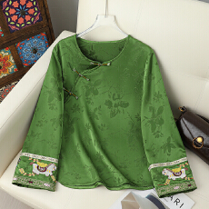 批发新中式国风圆领新年斜襟刺绣复古唐装盘扣红色提花气质小衫上衣女