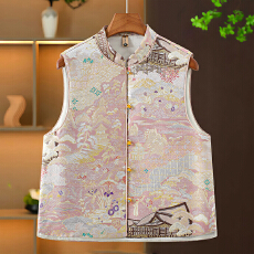 批发新中式宋锦提花马甲女盘扣坎肩红色高级感国风外搭洋气背心上衣