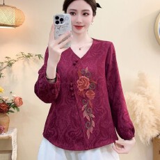 批发新中式棉麻<b class='q'>上衣</b>女民族风绣花<b class='q'>上衣</b>妈妈宽松长袖T恤大码春秋季国风