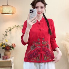 批发新中式棉麻<b class='q'>上衣</b>女民族风绣花<b class='q'>上衣</b>妈妈宽松长袖T恤大码春秋季国风