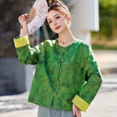 批发新中式国风缎面提花短外套女时尚春新款撞色拼接减龄气质百搭上衣