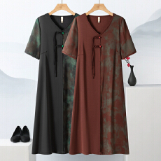 批发<b class='q'>连衣裙</b>时尚洋气中老年妈妈国风夏季高档大码短袖大码拼接裙子长裙