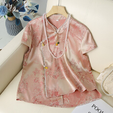 批发新款潮流国风优雅舒适印花中式珠扣减龄<b class='q'>妈妈装</b>小立领结绳流苏上衣