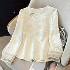 批发复古2026提花新款中式上衣小衫<b class='q'>女装</b>国风圆领气质长袖打底衬衫