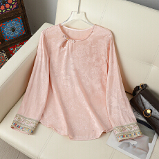 批发复古2026提花新款中式上衣小衫<b class='q'>女装</b>国风圆领气质长袖打底衬衫