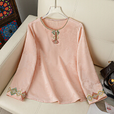 批发复古2026提花新款中式上衣小衫女装国风圆领气质长袖打底衬衫