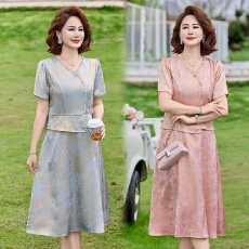 批发复古国风短袖中长款裙子中老年妈妈装<b class='q'>大</b>码显瘦遮肉过膝连衣裙<b class='q'>女装</b>