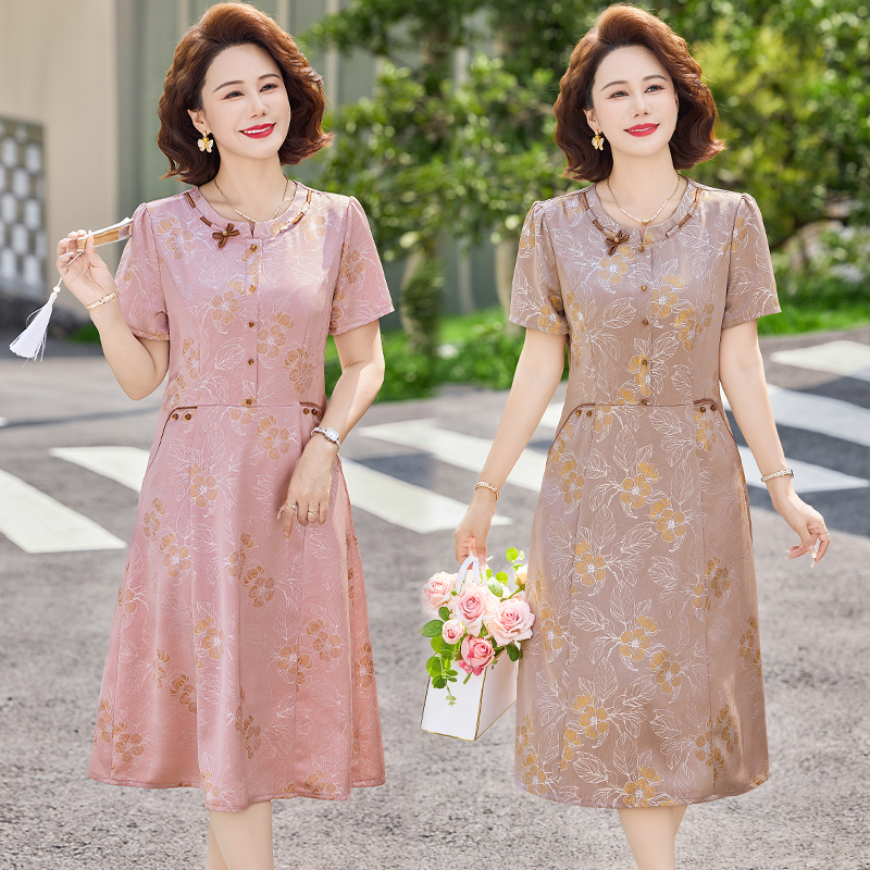 RY3960# 复古国风短袖中长款裙子中老年妈妈装大码显瘦遮肉过膝连衣裙女...
