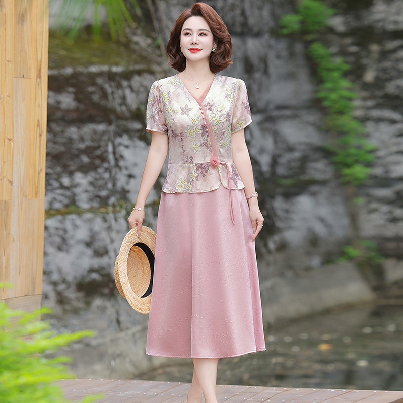 RY3959# 复古国风短袖中长款裙子中老年妈妈装大码显瘦遮肉过膝连衣裙女...