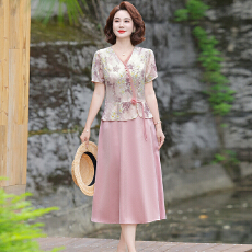 批发复古国风短袖中长款裙子中老年妈妈装<b class='q'>大</b>码显瘦遮肉过膝连衣裙<b class='q'>女装</b>