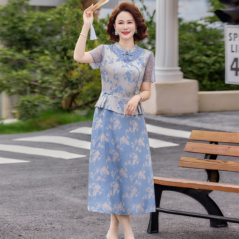 RY4391# 新中式风妈妈夏装立领印花连衣裙女中老年洋气高贵假两件显瘦长裙