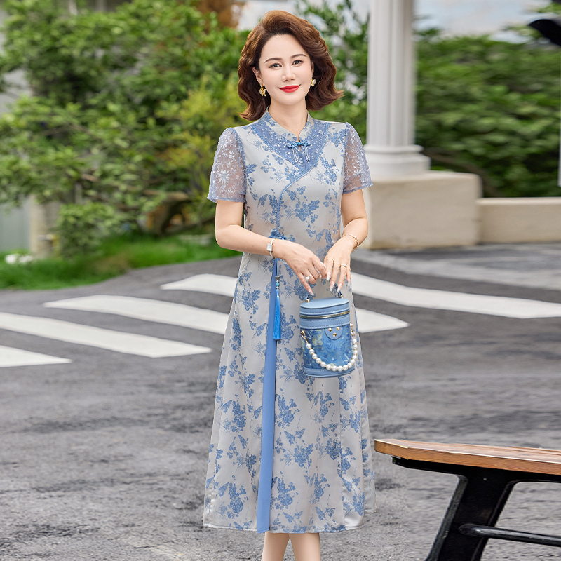 RY4390# 中式妈妈夏装短袖旗袍连衣裙2026新款中老年女装气质显瘦国风裙子