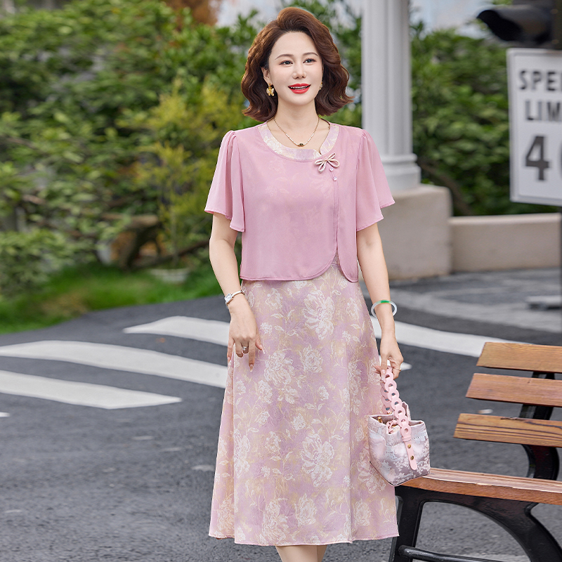 RY4389# 新中式妈妈夏季雪纺连衣裙2026新款假二件国风中老年女洋气夏装女