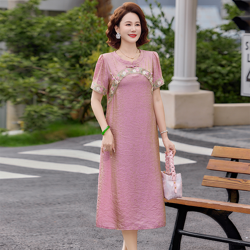 RY4388# 中式妈妈装夏季短袖连衣裙2026新款中年女装国风显瘦遮肉气质裙子