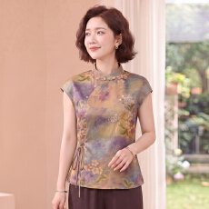批发国风桑蚕丝上衣女装春<b class='q'>秋</b>复古改良小衫真丝缎面提花新中式短袖衬衫