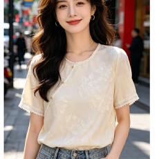 批发新中式风印花短袖衬衫女宽松时尚国风上衣2026年夏季新款拼接蕾丝