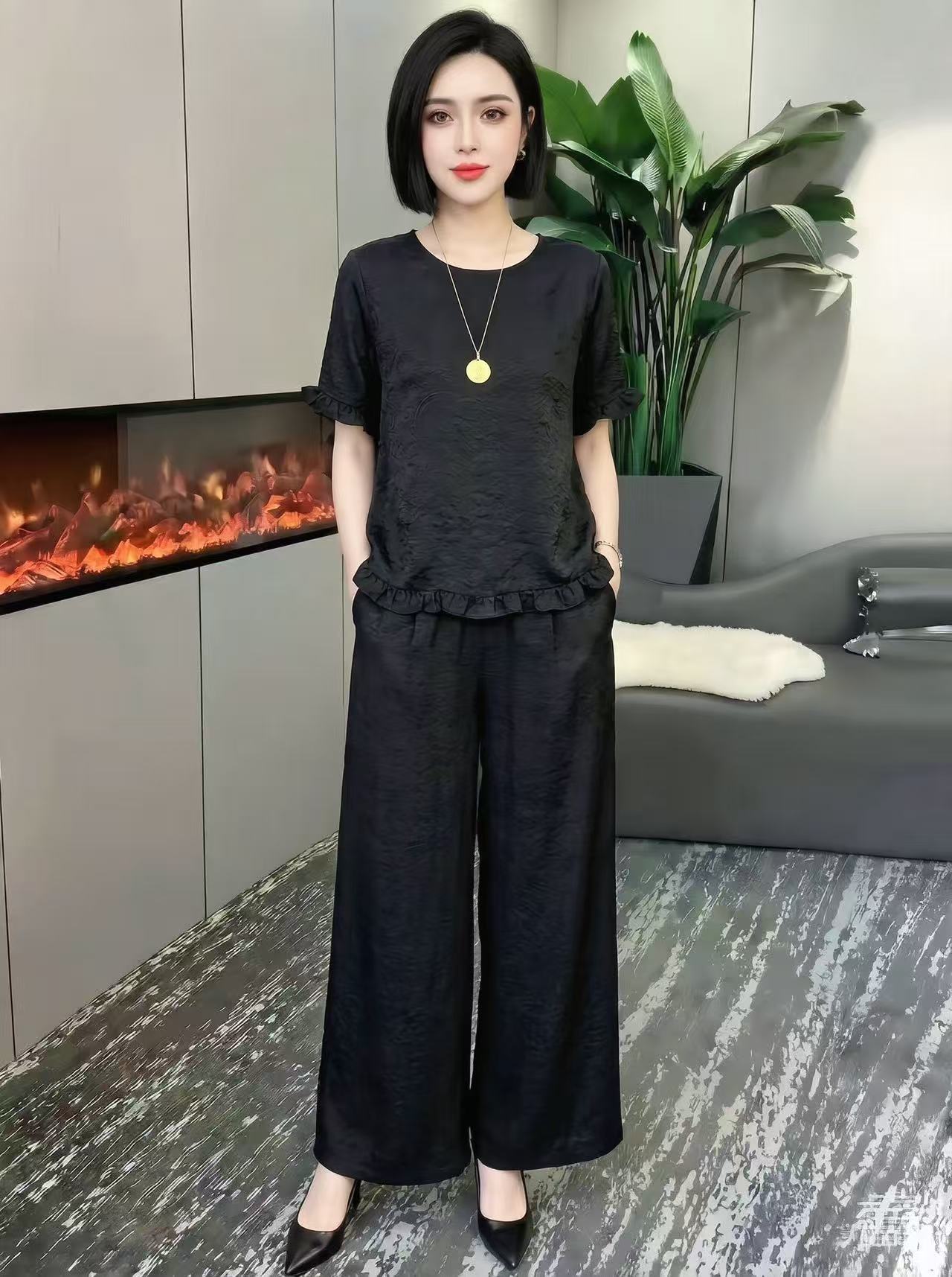 새로운 중식 레트로 국풍 외국 가스 여름 새로운 품격 여신 자카드 맨위 코디 바지 세트
