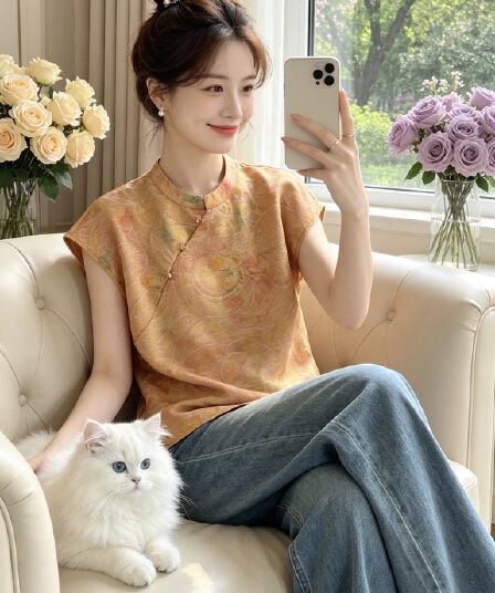 중식 새로운 국풍 다용도 셔츠 만나는 2026 라운드 넥 반팔 루즈핏 슬림해 보이는 품격 맨위