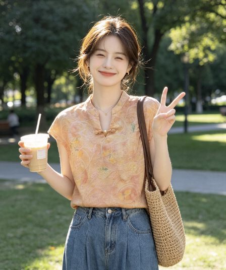 중식 새로운 국풍 다용도 셔츠 만나는 2026 라운드 넥 반팔 루즈핏 슬림해 보이는 품격 맨위