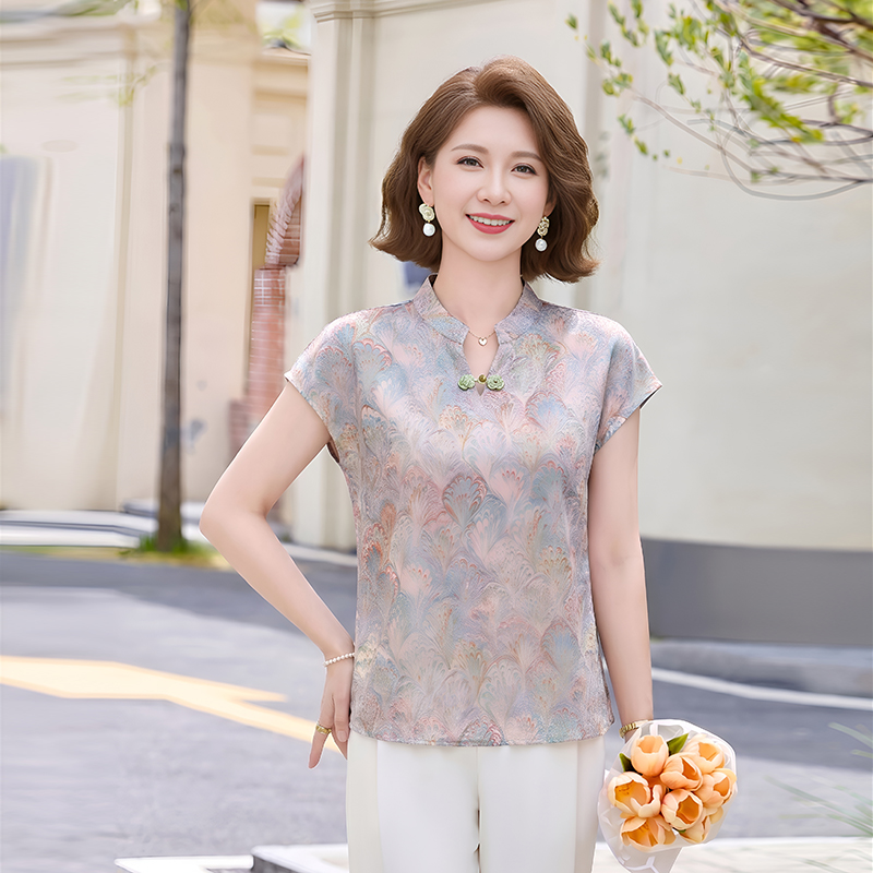 새로운 중식 엄마 여름 드레스 외국 가스 반팔 셔츠 맨위 중년 여성 여름 국풍 단추 티셔츠 작은 셔츠