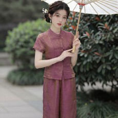 批发新中式复古国风洋气夏季新款气质女神提花上衣搭配<b class='q'>裤子</b>套装