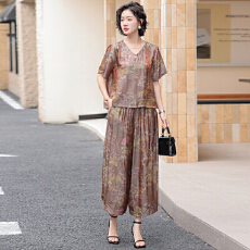 批发新中式国风浮光真丝上衣时尚套装女<b class='q'>夏</b>季年轻妈妈减龄阔腿裤两件套