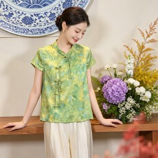 批发新中式国风短袖印花衬衫女夏季新款复古盘扣气质百搭减龄遮肉上衣