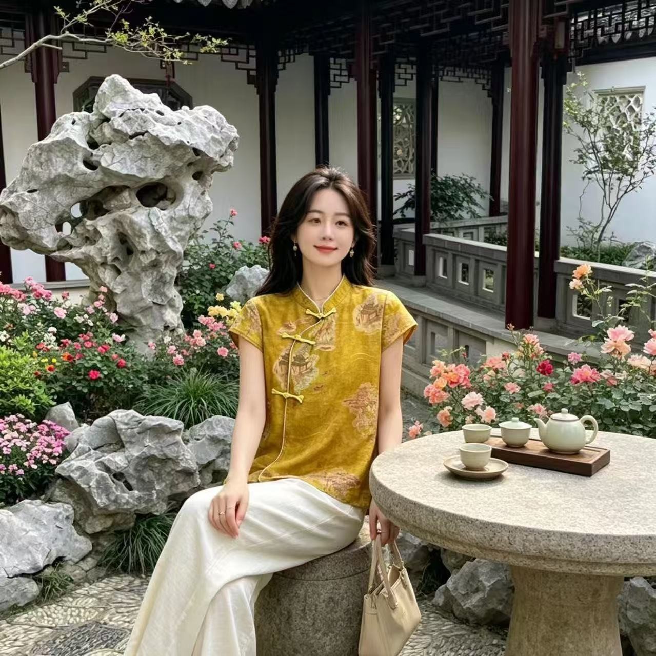 여름 새로운 새로운 중식 스탠드 칼라 반팔 헤일로 염색 반팔 여성 셔츠 단추 루즈핏 중국풍 레트로 작은 셔츠