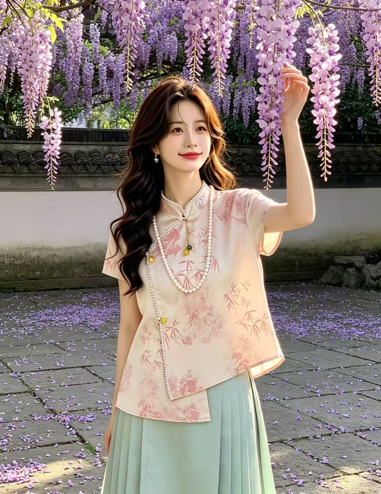 새로운 트렌드 국풍 우아함 편안함 프린트 중식 구슬 버클 연령 감소 어머니 드레스 작은 스탠드 칼라 매듭 로프 술 맨위