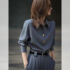 批发灰色翻领长袖<b class='q'>衬衫</b>上衣女<b class='q'>职业</b>通勤干练气质显瘦<b class='q'>衬衣</b>